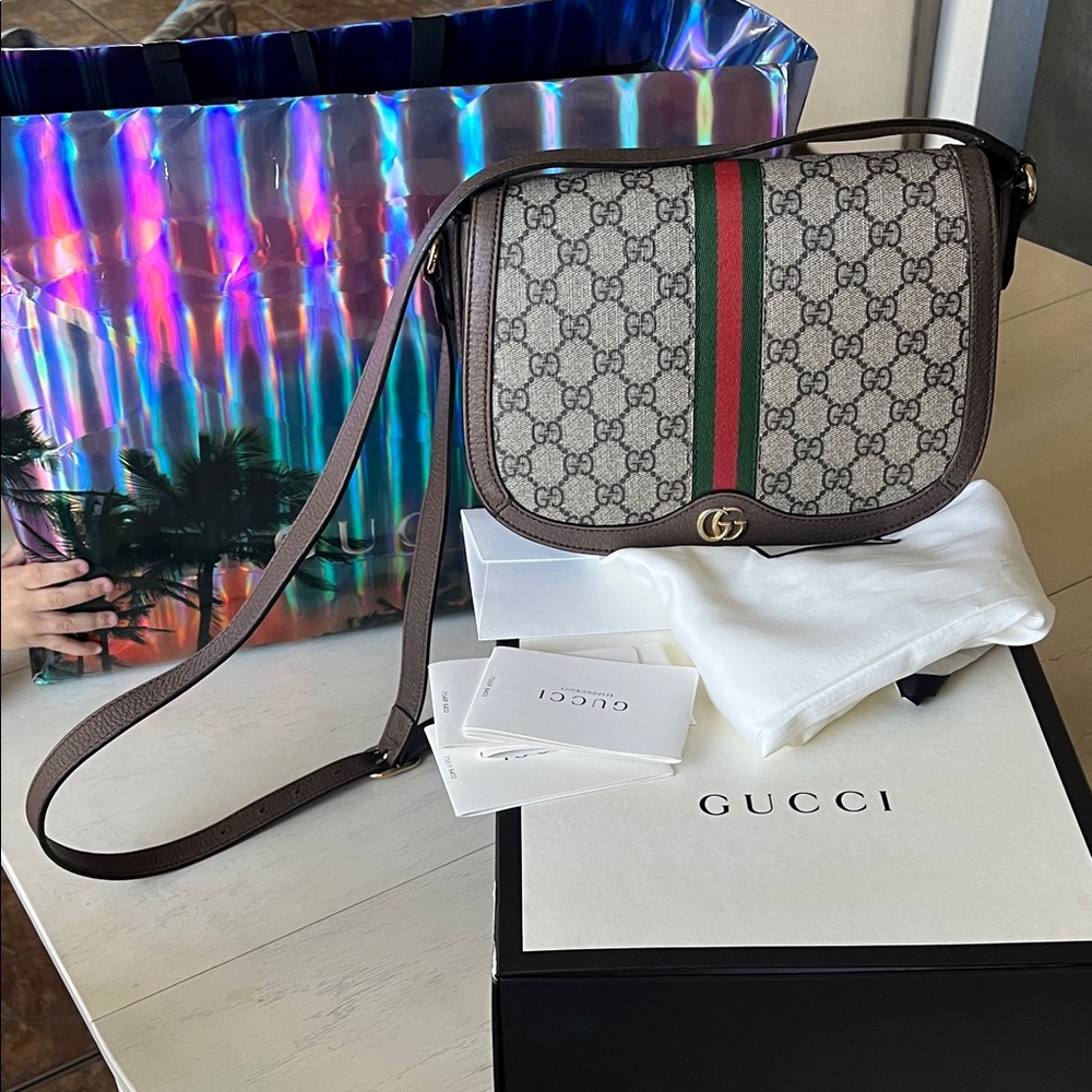 Gucci Ophidia Saddle Flap Shoulder Bag GG Coated Canvas